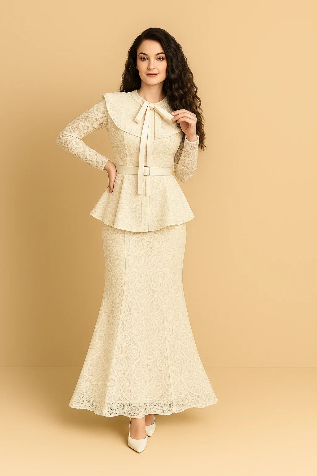 Lace sleeve blouse and skirt set