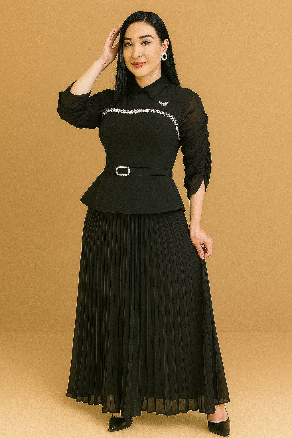 Black crystal skirt and blouse set with belt