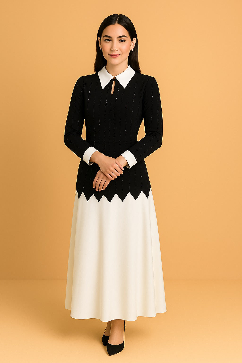 Black and white long dress with collar