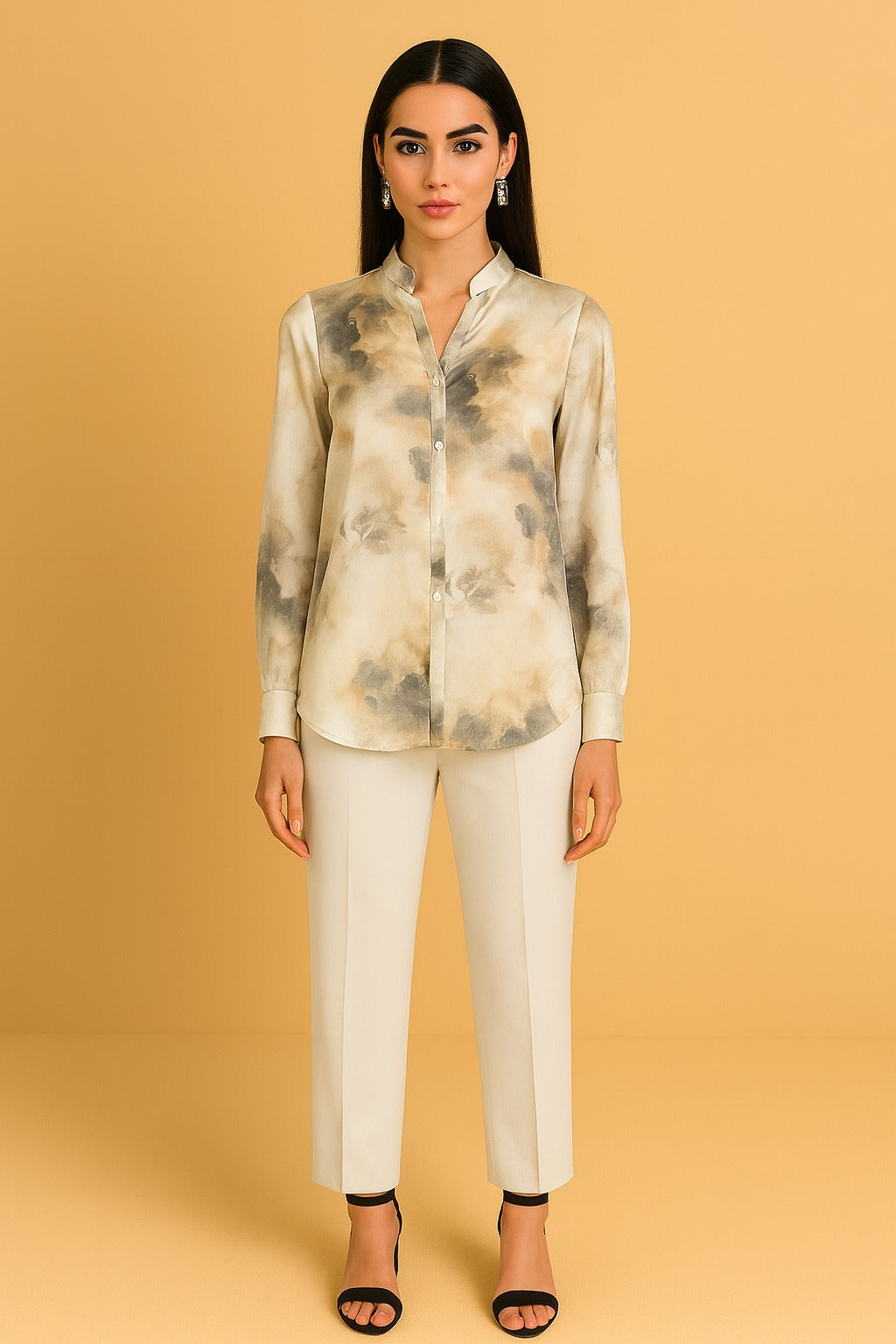 Satin Blouse - Beige and White