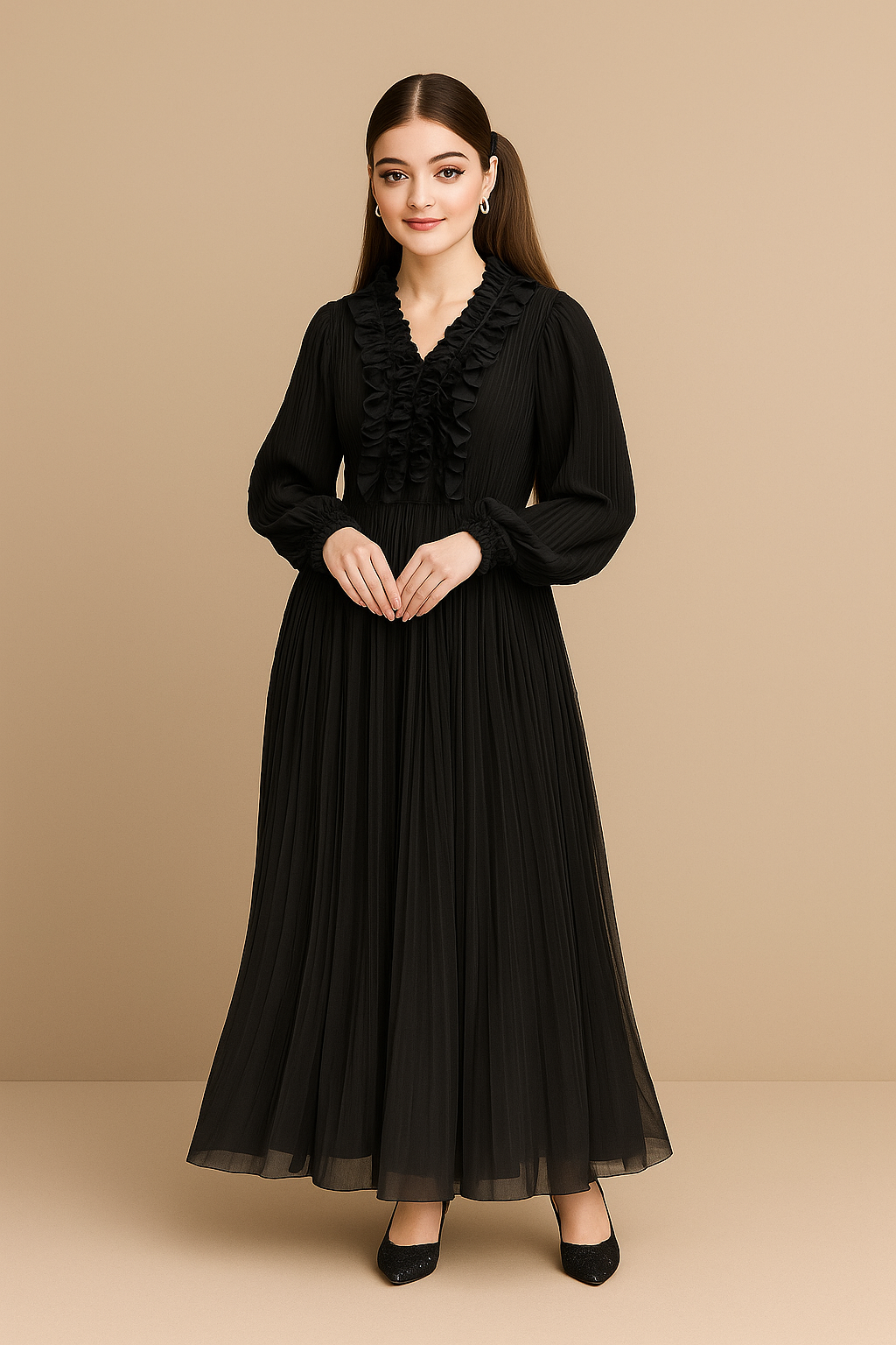 Black pleated long dress