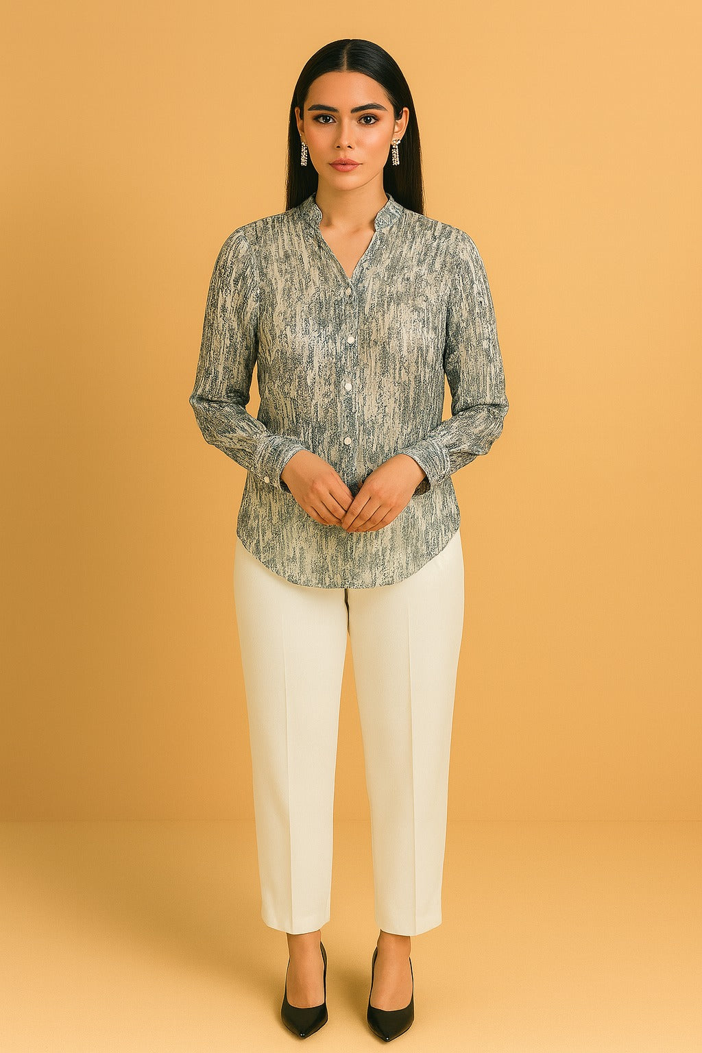 Printed Sleeve Blouse - Grey